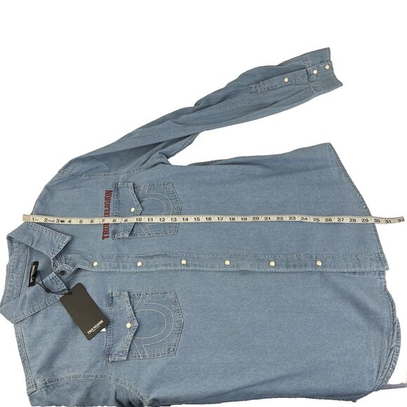 New True Religion Men's Sz Large Chambray Western Pearl Snap Shirt Blue NWT $99 - Picture 4 of 7